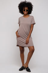 Mocha French Terry Cuffed Short Sleeve Maternity Dress