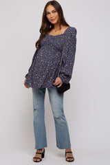 Navy Floral Smocked Long Sleeve Maternity Top