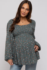 Green Floral Smocked Long Sleeve Maternity Top