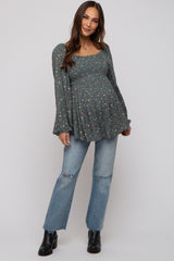 Green Floral Smocked Long Sleeve Maternity Top