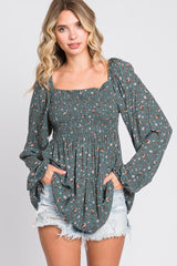 Green Floral Smocked Long Sleeve Top