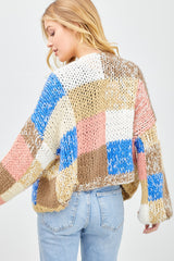 Brown Color Block Checkered Thick Knit Cardigan