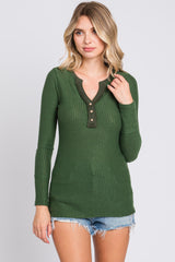 Olive Soft Waffle Knit Button Accent Long Sleeve Top