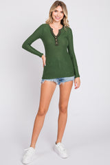 Olive Soft Waffle Knit Button Accent Long Sleeve Top