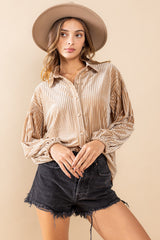 Beige Velvet Ribbed Collared Long Sleeve Maternity Blouse