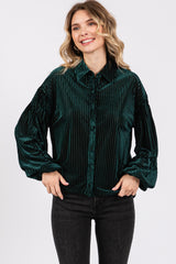 Forest Green Velvet Ribbed Collared Long Sleeve Blouse