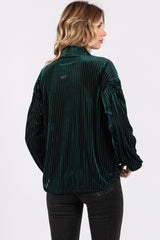 Forest Green Velvet Ribbed Collared Long Sleeve Blouse