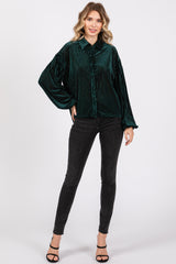 Forest Green Velvet Ribbed Collared Long Sleeve Blouse