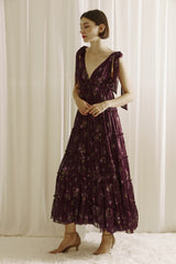 Plum Floral Tiered Shoulder Tie Maxi Dress