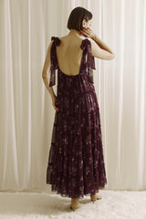 Plum Floral Tiered Shoulder Tie Maxi Dress