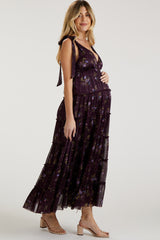 Plum Floral Tiered Shoulder Tie Maternity Maxi Dress