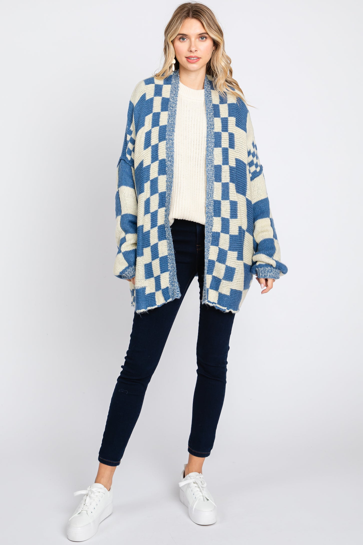 Blue Checkered Plaid Maternity Oversized Cardigan