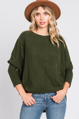 Olive Ribbed Brushed Knit Dolman Sleeve Top