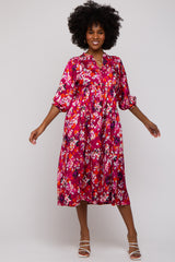 Magenta Floral Satin Ruffle Neck Midi Dress