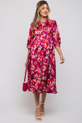 Magenta Floral Satin Ruffle Neck Maternity Midi Dress