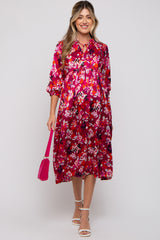 Magenta Floral Satin Ruffle Neck Maternity Midi Dress