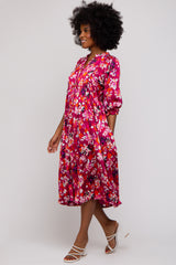 Magenta Floral Satin Ruffle Neck Midi Dress