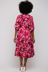 Magenta Floral Satin Ruffle Neck Midi Dress