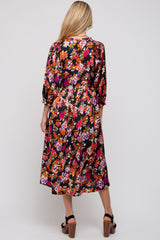 Black Floral Satin Ruffle Neck Maternity Midi Dress