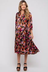 Black Floral Satin Ruffle Neck Maternity Midi Dress