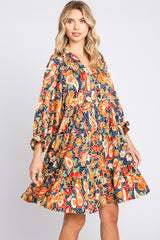 Navy Blue Floral Button Front Tiered Dress