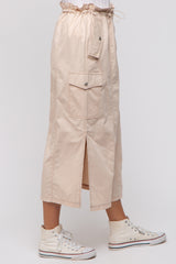 Beige Cargo Cinched Midi Skirt