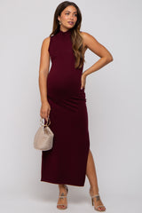 Burgundy Sleeveless Mock Neck Maternity Midi Dress