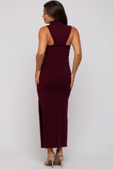 Burgundy Sleeveless Mock Neck Maternity Midi Dress