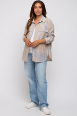 Taupe Striped Button Up Maternity Top