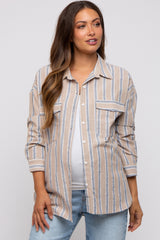 Taupe Striped Button Up Maternity Top