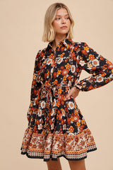 Black Border Print Floral Button Down Shirt Dress