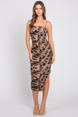 Taupe Mesh Velvet Floral Ruched Midi Dress