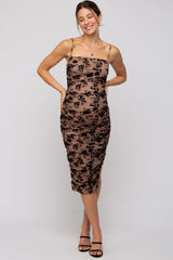 Taupe Mesh Velvet Floral Ruched Maternity Midi Dress