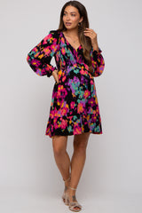 Black Multicolor Print Maternity Long Sleeve Maternity Dress