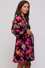 Black Multicolor Print Maternity Long Sleeve Maternity Dress