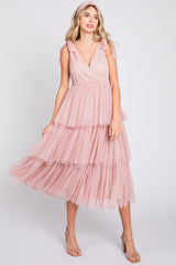 Pink Sleeveless Tiered Tie Strap Tulle Midi Dress