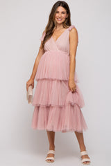 Pink Sleeveless Tiered Tie Strap Tulle Maternity Midi Dress