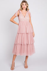 Pink Sleeveless Tiered Tie Strap Tulle Maternity Midi Dress