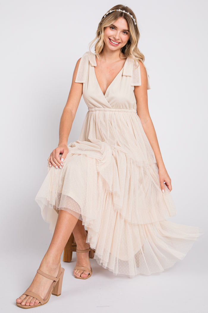 Cream Sleeveless Tiered Tie Strap Tulle Midi Dress