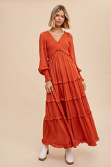 Rust Smocked Ruffle Tiered Maxi Dress