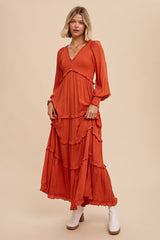 Rust Smocked Ruffle Tiered Maxi Dress