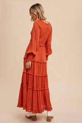 Rust Smocked Ruffle Tiered Maxi Dress