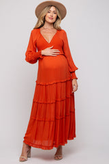 Rust Smocked Ruffle Tiered Maternity Maxi Dress