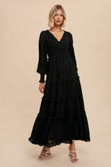 Black Smocked Ruffle Tiered Maxi Dress