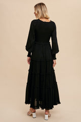 Black Smocked Ruffle Tiered Maxi Dress