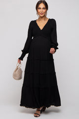 Black Smocked Ruffle Tiered Maternity Maxi Dress