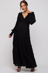 Black Smocked Ruffle Tiered Maternity Maxi Dress