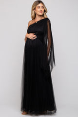 Black One Shoulder Pleated Mesh Maternity Gown