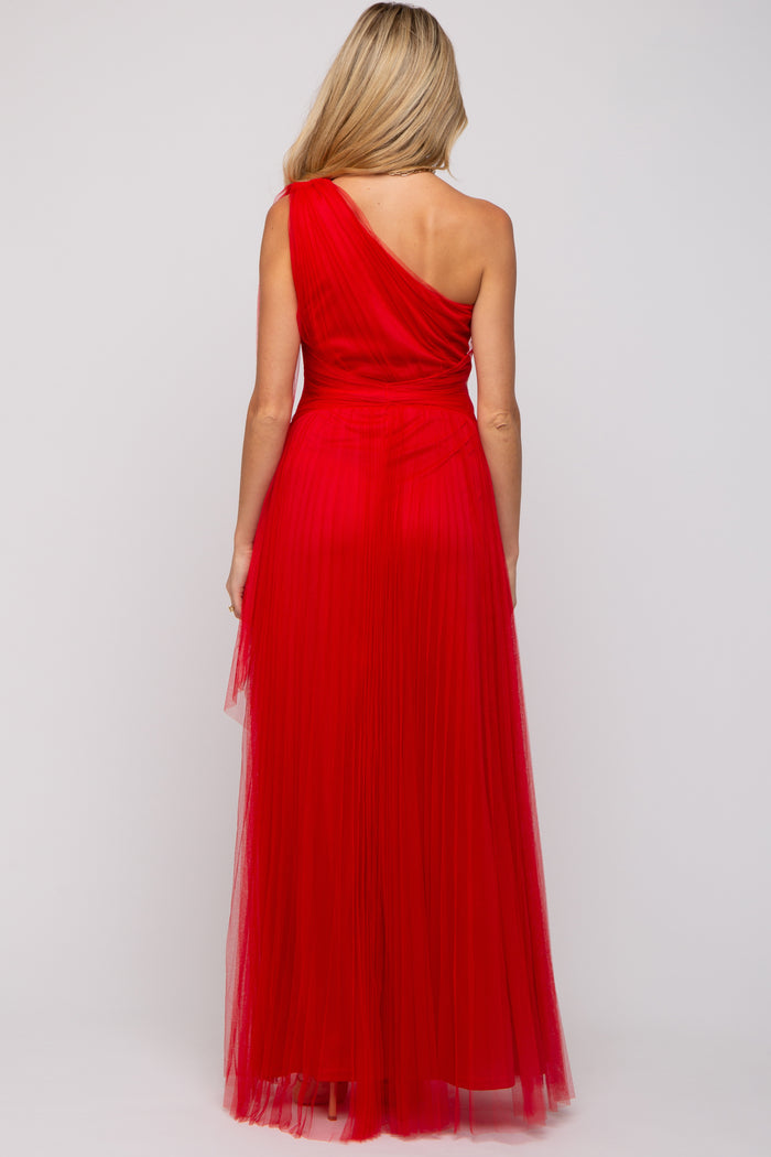 Red One Shoulder Pleated Mesh Maternity Gown