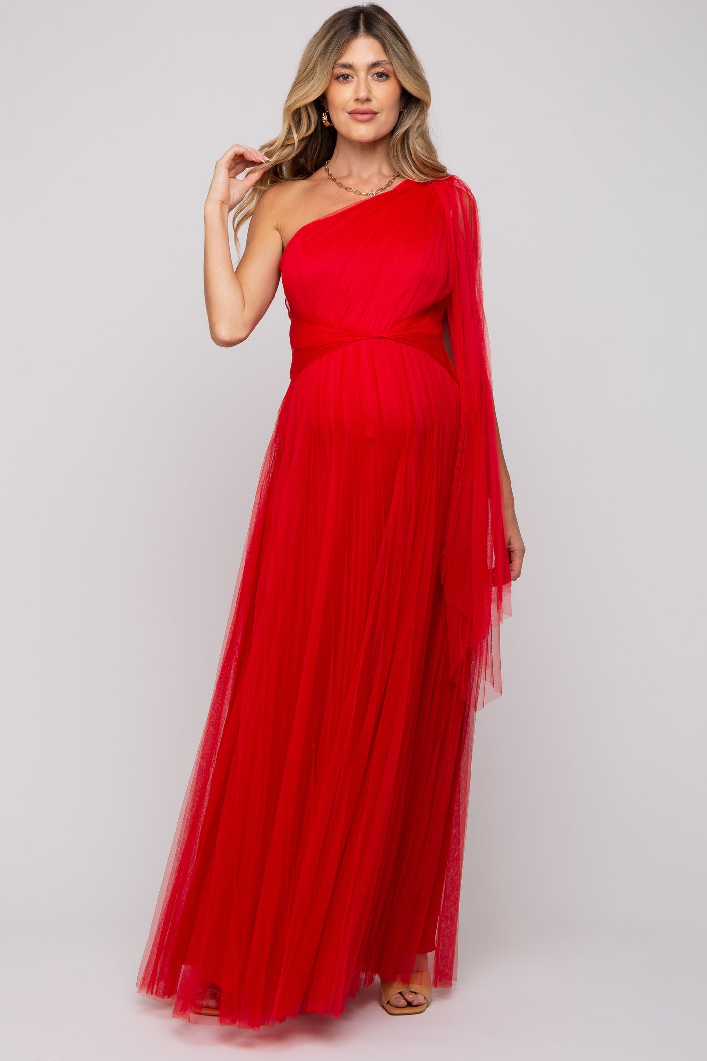 Red One Shoulder Pleated Mesh Maternity Gown